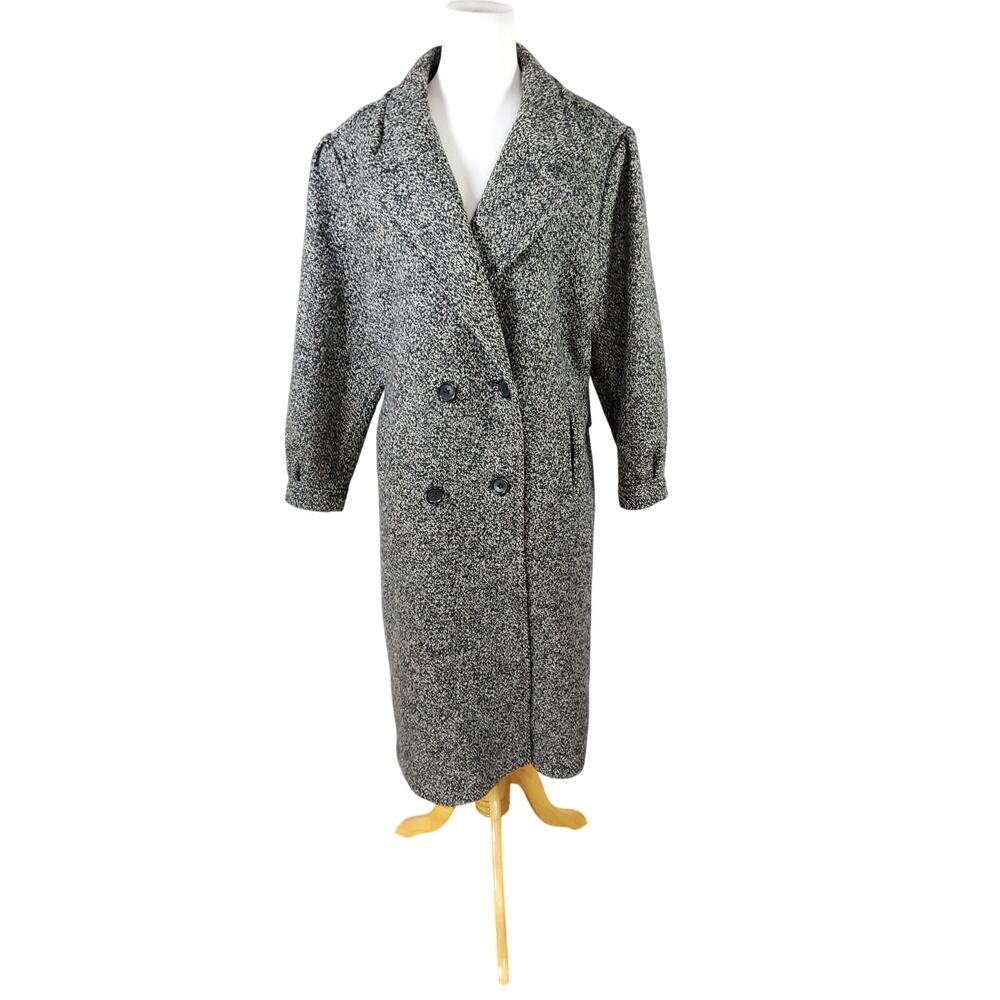 VTG Black Cream Wool Pea Coat Trench Lined Double Breasted Old Money Sz 11/12